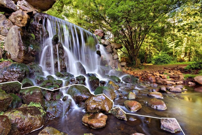 A photo of Sonsbeek Waterfall in Arnhem with the foreground interest indicated